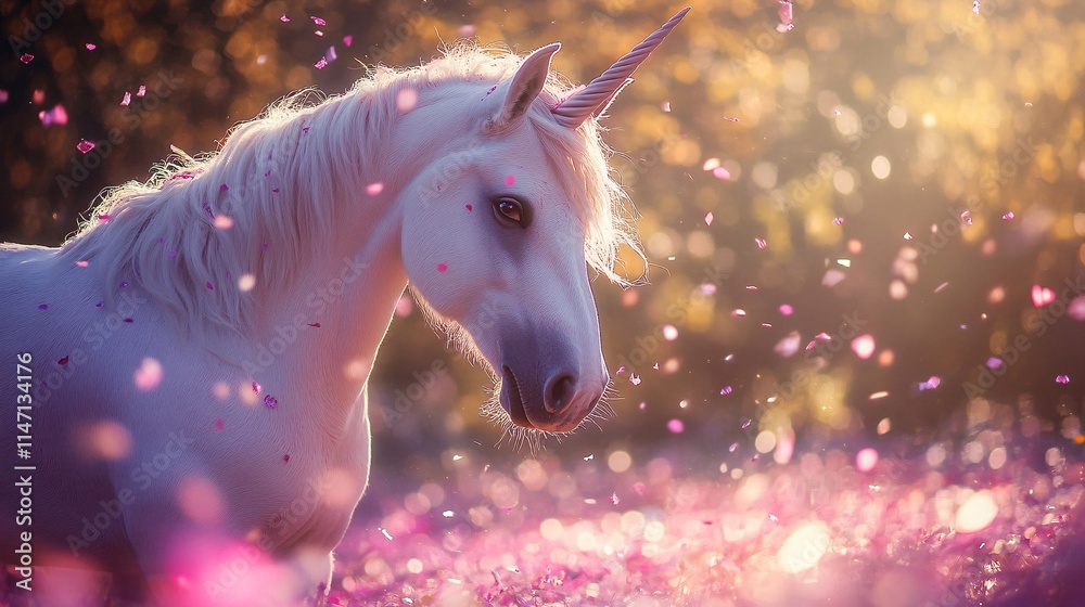 A majestic white unicorn stands gracefully amidst a shower of pink petals in a dreamy, ethereal landscape. A majestic white unicorn stands gracefully amidst a shower of pink petals in a dreamy, ethereal landscape.