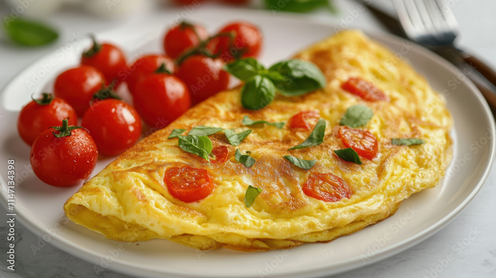 Golden omelet on a white plate with cherry tomatoes and basil, presented as a healthy breakfast made from fresh, nutritious eggs. Golden omelet on a white plate with cherry tomatoes and basil, presented as a healthy breakfast made from fresh, nutritious eggs.