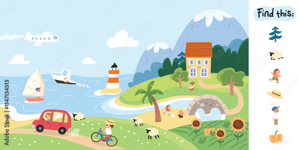 Find hidden objects items in the picture puzzle game quiz. Childs style vector illustration of paradise landscape with shore, blue sea, night sky. High mountains cozy harbor at beautiful sunny day. Find hidden objects items in the picture puzzle game quiz. Childs style vector illustration of paradise landscape with shore, blue sea, night sky. High mountains cozy harbor at beautiful sunny day.