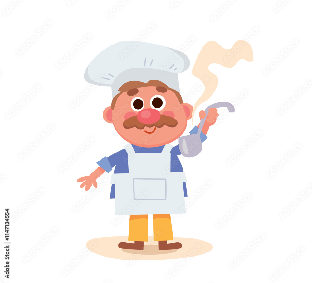 A cook the chef in a hood with a ladle in his hands stands isolated on a white background A cook the chef in a hood with a ladle in his hands stands isolated on a white background
