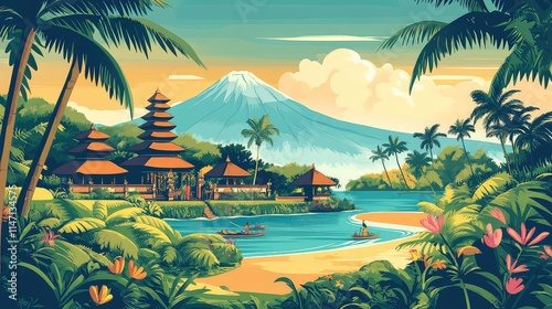 Illustration Of A Travel Poster For A Trip To Bali Island, Generative AI