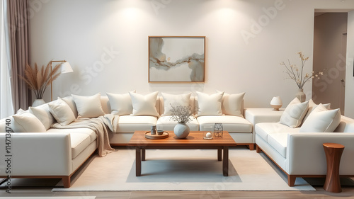 Spacious modern minimalist living room interior design. Generative AI