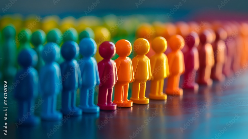 Colorful plastic figures standing in a gradient line, showcasing a vibrant spectrum of hues. Colorful plastic figures standing in a gradient line, showcasing a vibrant spectrum of hues.