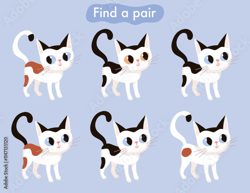 Find two some pictures educational game for kids with cute cat. Vector illustration. Find two identical game. Logical puzzle, brain teaser for children.
