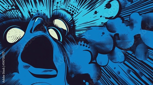 A dramatic comic-style illustration of a man with an exaggerated expression of shock, rendered in vibrant blue tones. photo