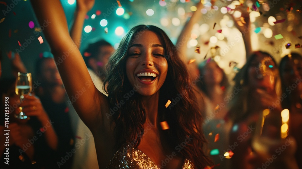 Joyful young woman celebrating at a vibrant party filled with confetti and smiles. Joyful young woman celebrating at a vibrant party filled with confetti and smiles.
