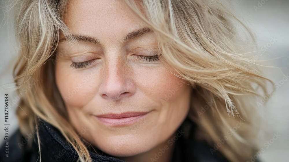 A serene woman with blonde hair stands with eyes closed, face slightly upturned, embracing the peace of the moment in a tranquil outdoor setting.