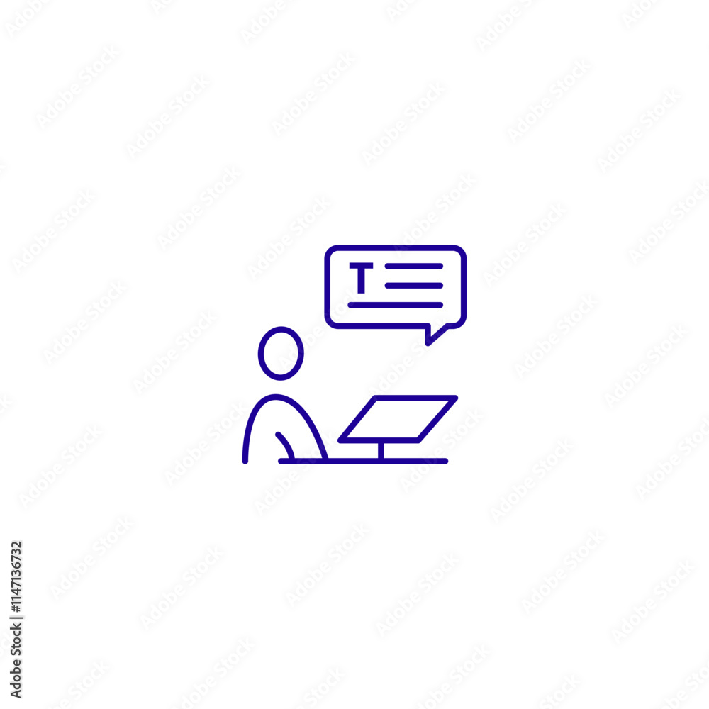 Minimalist blue line icon of person with desk and speech bubble for text communication Minimalist blue line icon of person with desk and speech bubble for text communication