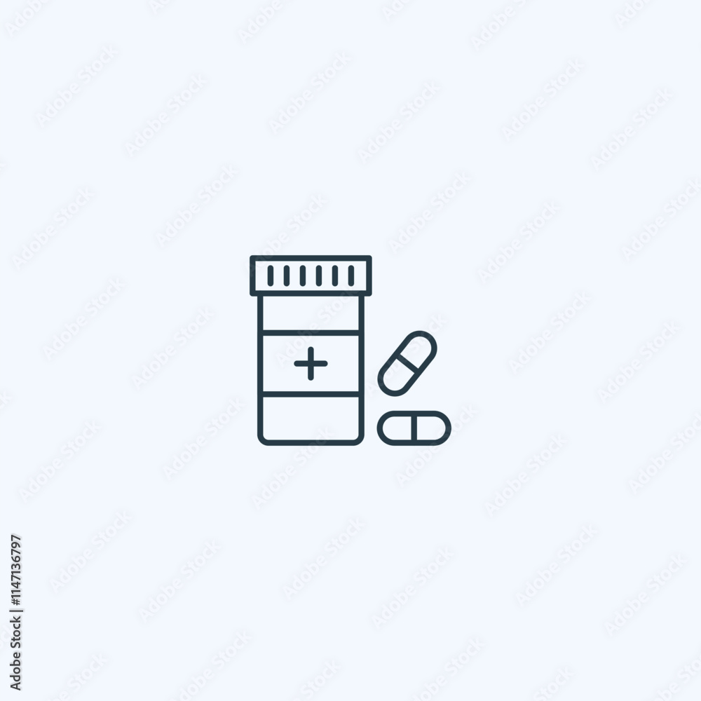 Minimalist medication icon with pill bottle and capsules on light background Minimalist medication icon with pill bottle and capsules on light background