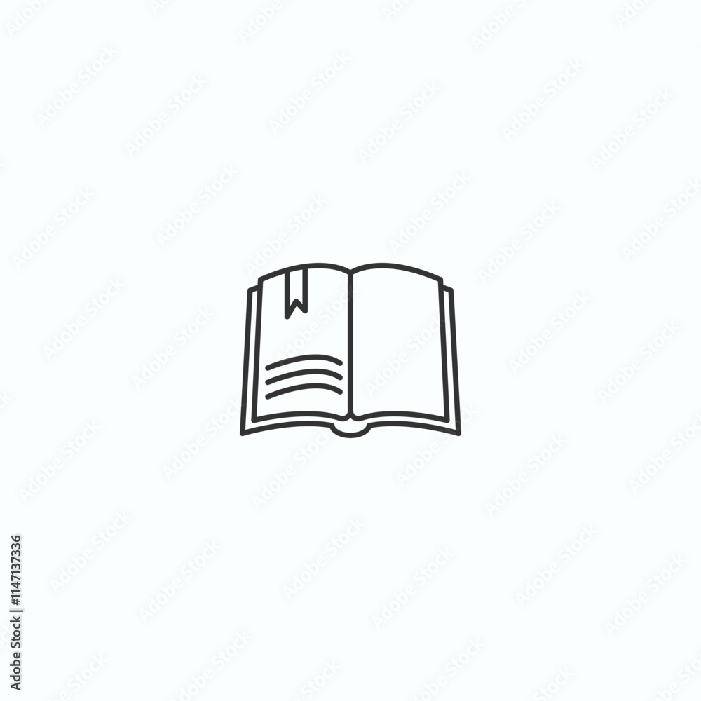 Simple minimalist icon of an open book with bookmark on white background Simple minimalist icon of an open book with bookmark on white background