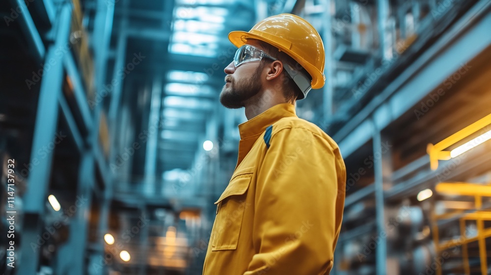 Industrial worker in yellow jumpsuit and helmet, looking up. Industrial worker in yellow jumpsuit and helmet, looking up.