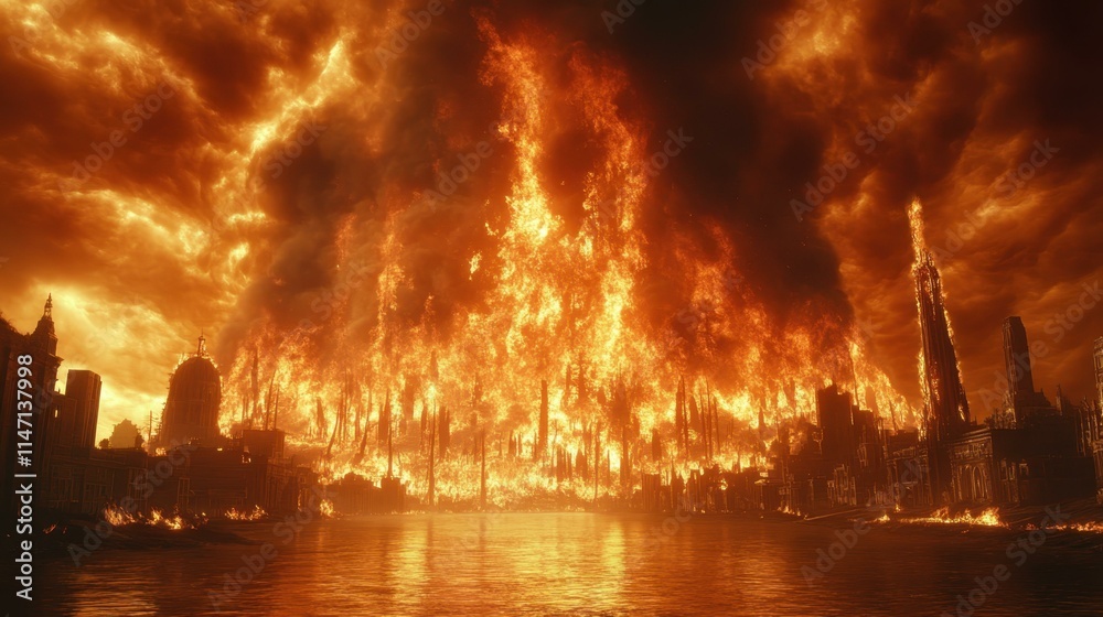 Massive fiery explosion engulfing city skyline with skyscrapers reflection in water, dramatic disaster scene for emergency preparedness, apocalypse theme with intense orange flames and dark smoke Massive fiery explosion engulfing city skyline with skyscrapers reflection in water, dramatic disaster scene for emergency preparedness, apocalypse theme with intense orange flames and dark smoke
