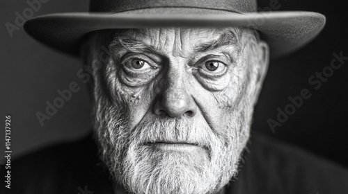 An expressive black and white portrait of an elderly man with a contemplative look, rich in texture and detail, reflecting wisdom, experience, and a life lived fully. photo