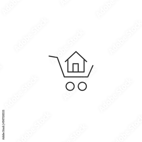 Minimalist shopping cart with house icon representing online real estate market