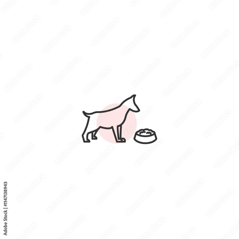 Minimalist dog outline icon with food bowl on soft pink circle Minimalist dog outline icon with food bowl on soft pink circle