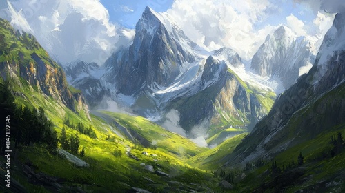 Majestic mountain landscape with lush greenery and clouds.