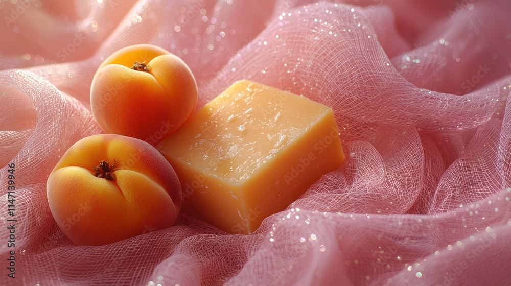 Soft peaches and a block of cheese on pink fabric. Soft peaches and a block of cheese on pink fabric.
