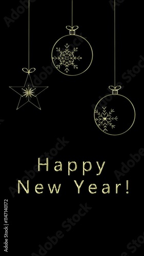 New Year's Greetings and Gold Ornaments Vertical. New Year's greetings card with gold ornaments, vertical resolution.