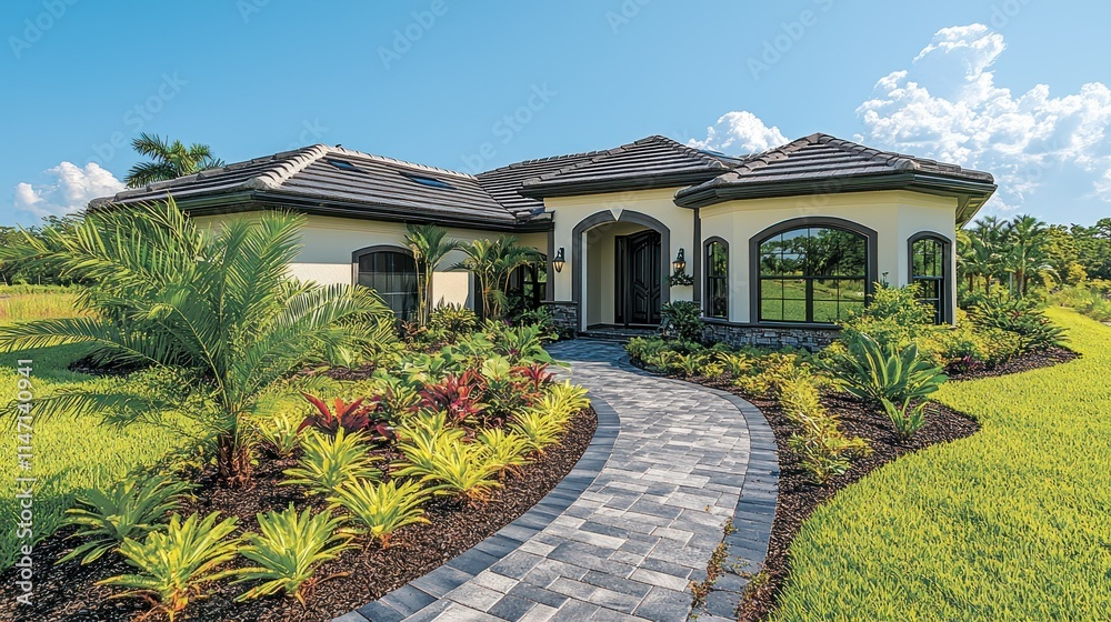 Modern home with landscaped garden and pathway. Modern home with landscaped garden and pathway.
