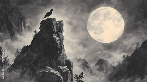 Surreal black and white etchingstyle illustration of mythical creature perched atop craggy rock formation in misty moonlit landscape. Craggy. Illustration