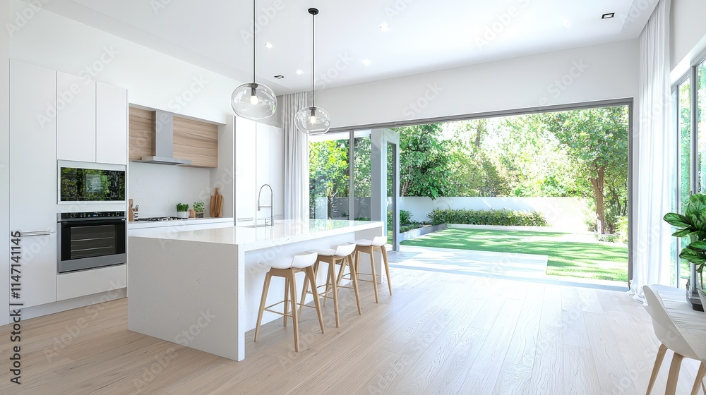 Fototapeta premium Modern white kitchen island with wooden bar stools features large sliding glass doors opening to a sunny green backyard garden.