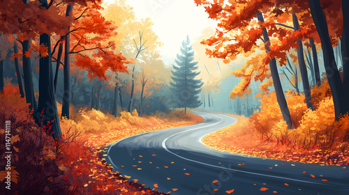 The scene below is of curved road in forest with autumn leaves. poland, zachodniopomorskie. Craggy. Illustration photo