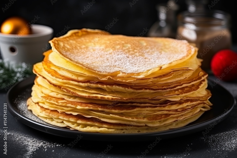 Stack of fluffy pancakes dusted with powdered sugar on a dark winter's day. Generative AI