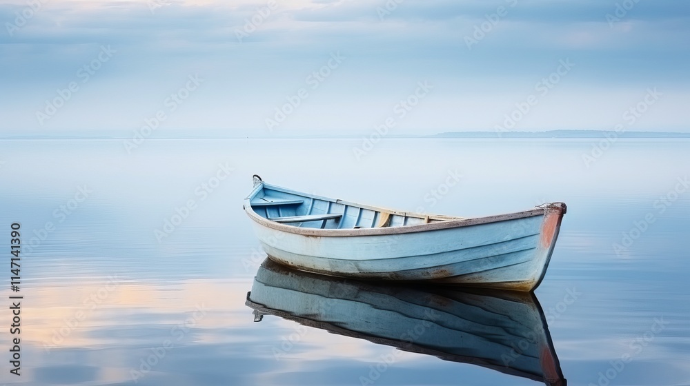 Still waters reflect a lone blue boat under a serene morning sky. Generative AI Still waters reflect a lone blue boat under a serene morning sky. Generative AI