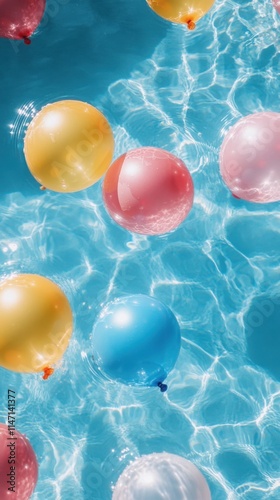 Colorful balloons floating on the surface of a clear blue swimming pool during a sunny afternoon
