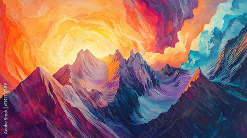 Turbulent mountain awakening unleashes energies as craggy peaks burst forth radiant light. Craggy. Illustration