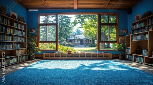 Wallpaper Mural Cozy blue carpeted library room with wooden shelves filled with books, spacious seating area by large window showing sunny garden view, perfect for reading, study, relaxation, home, education Torontodigital.ca