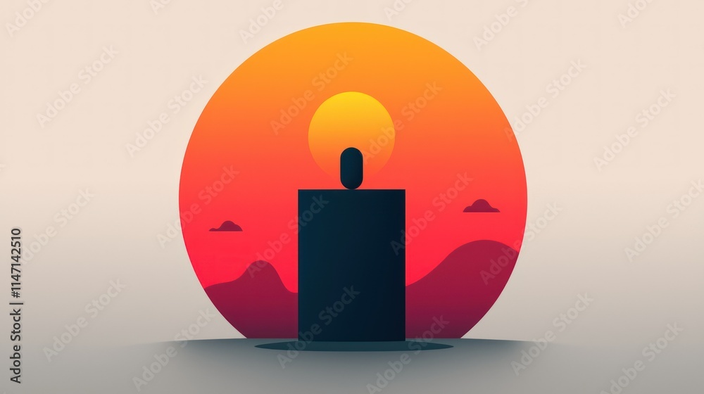 Minimalist sunset scene with abstract figure.