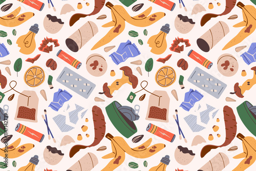 Garbage seamless pattern, waste Sorting, Different Types of Garbage, Paper, Plastics, Metal, Glass, Organic, E-Waste, Vector Illustration