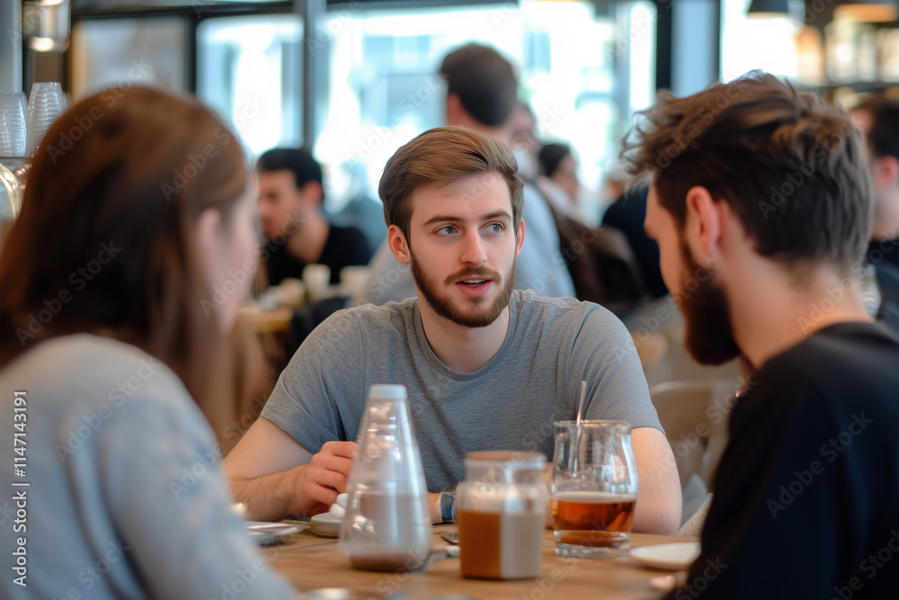 Young entrepreneurs collaborate and share ideas in a lively cafe setting during the afternoon hours Young entrepreneurs collaborate and share ideas in a lively cafe setting during the afternoon hours