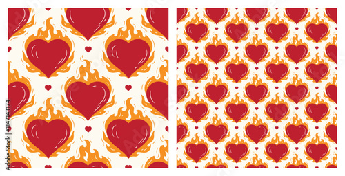 Set of two Seamless Bright Patterns Large and Small Rapport with Red Heart on Fire. Burning Heart Symbol of Love for Valentine day design. Hand drawn vector illustration.