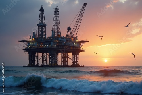 A large oil rig standing in the ocean during sunset, with waves crashing against the legs of the structure and seagulls flying in the sky