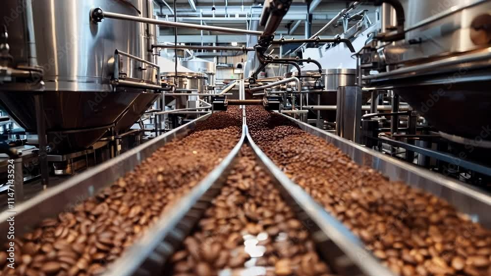 Fresh cocoa beans moving on conveyor belt in a modern food processing facility. Industrial manufacturing line producing delicious chocolate Fresh cocoa beans moving on conveyor belt in a modern food processing facility. Industrial manufacturing line producing delicious chocolate