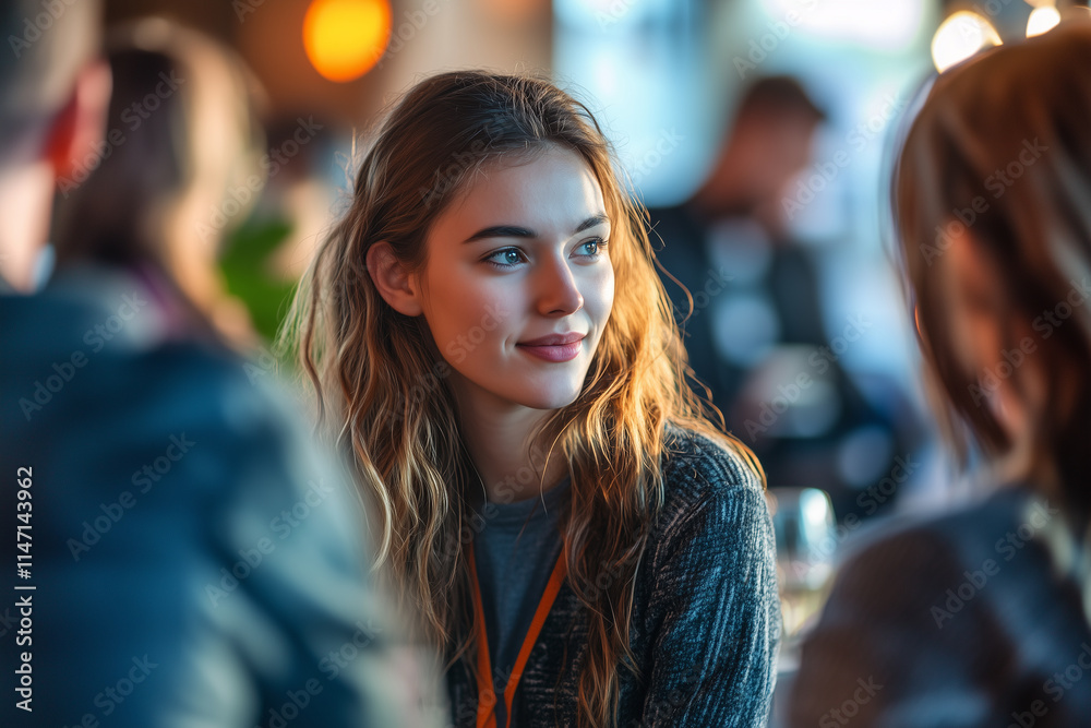 Young entrepreneur engages in networking at dynamic startup event in a vibrant cafe setting Young entrepreneur engages in networking at dynamic startup event in a vibrant cafe setting