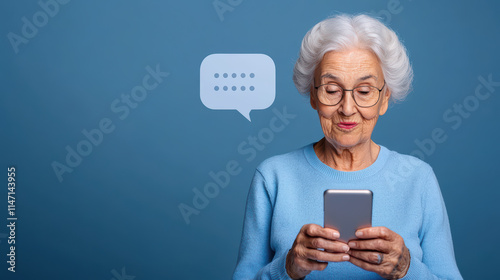 elderly woman smiles while using smartphone, engaged in communication