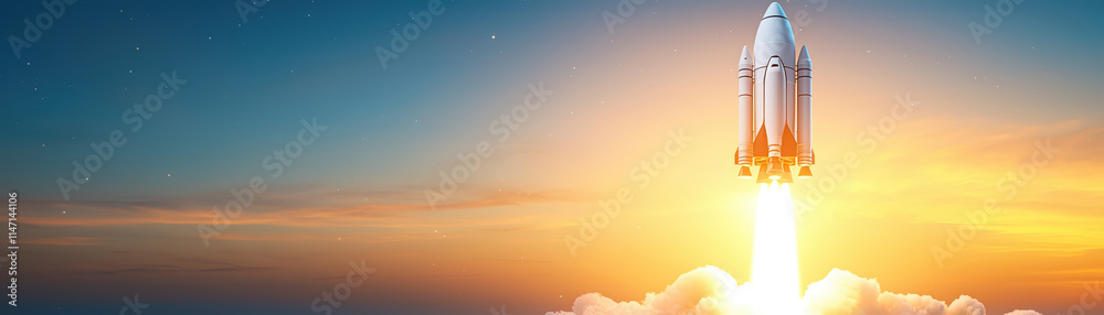 Obraz premium stunning rocket launches into sky, leaving trail of fire and smoke against vibrant sunset