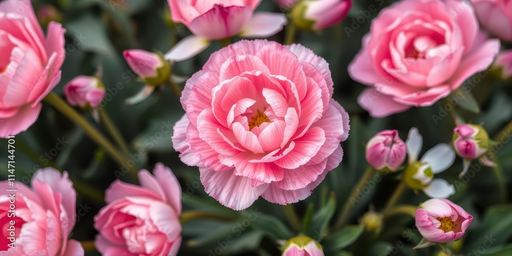 Close-up of delicate pink and white ranunculus flowers blooming in a spring garden, vibrant, close-up