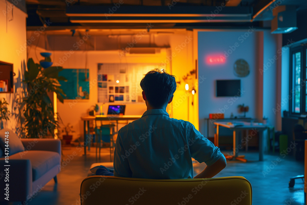 Young man engaging with a vibrant co-working space while seated in modern furniture during evening hours Young man engaging with a vibrant co-working space while seated in modern furniture during evening hours