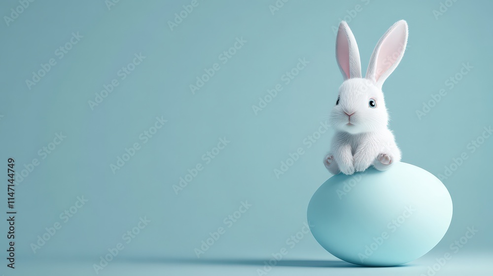 An elegant white bunny sits atop a pale blue egg, exuding charm and tranquility in a serene color palette. An elegant white bunny sits atop a pale blue egg, exuding charm and tranquility in a serene color palette.