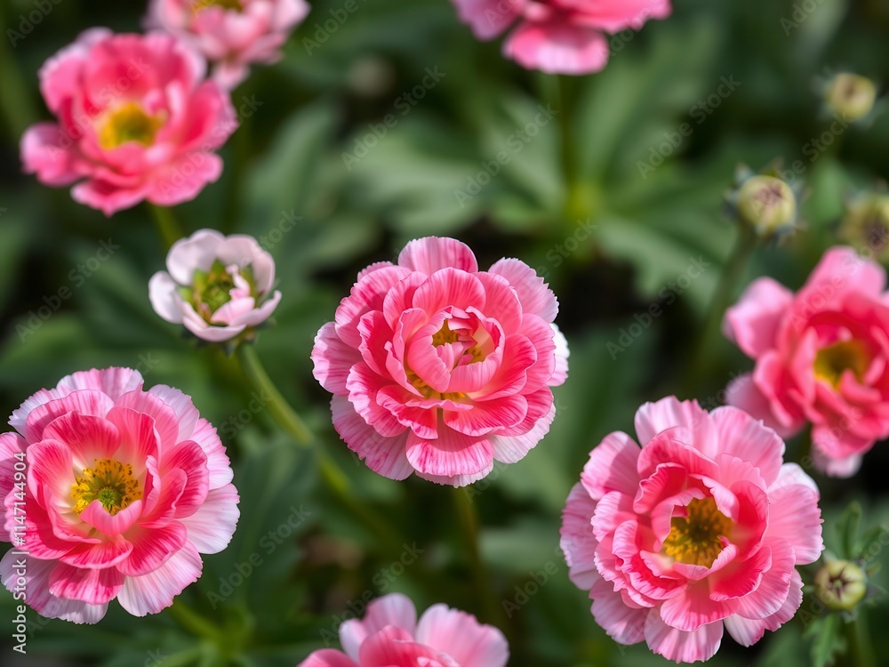 Close-up of delicate pink and white ranunculus flowers in full bloom, ranunculus, garden, delicate Close-up of delicate pink and white ranunculus flowers in full bloom, ranunculus, garden, delicate
