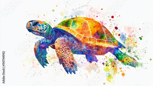 Colorful watercolor turtle swimming in vibrant splashes of paint photo