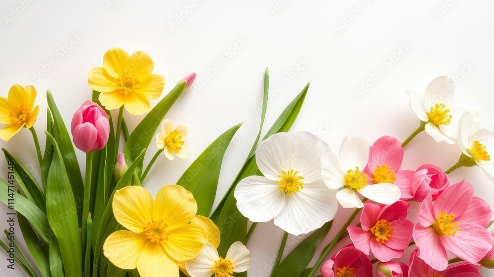 Fototapeta premium Beautiful spring flowers arranged on a textured paper background, design, botanical