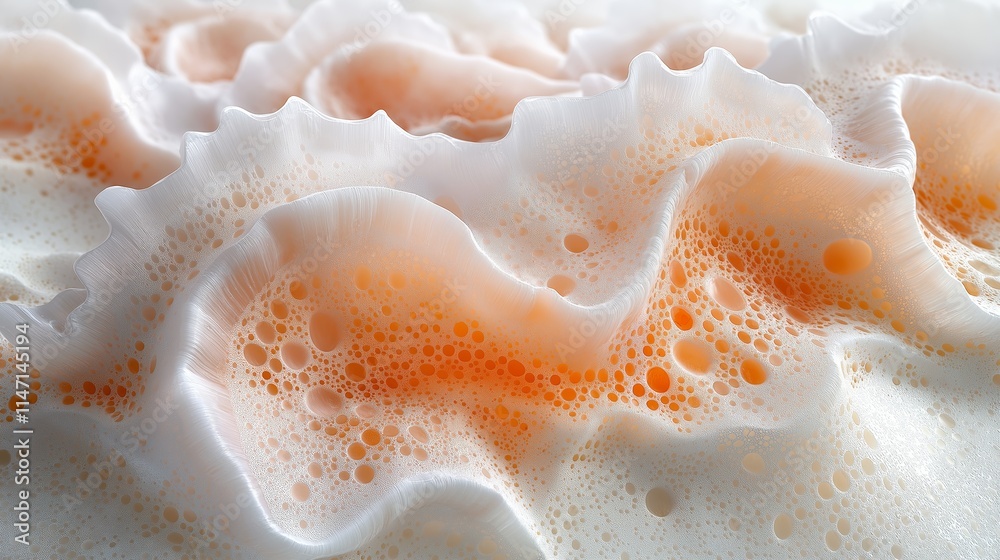 Close-up of abstract organic texture with flowing wavy patterns and vibrant orange and white bubble details in intricate design