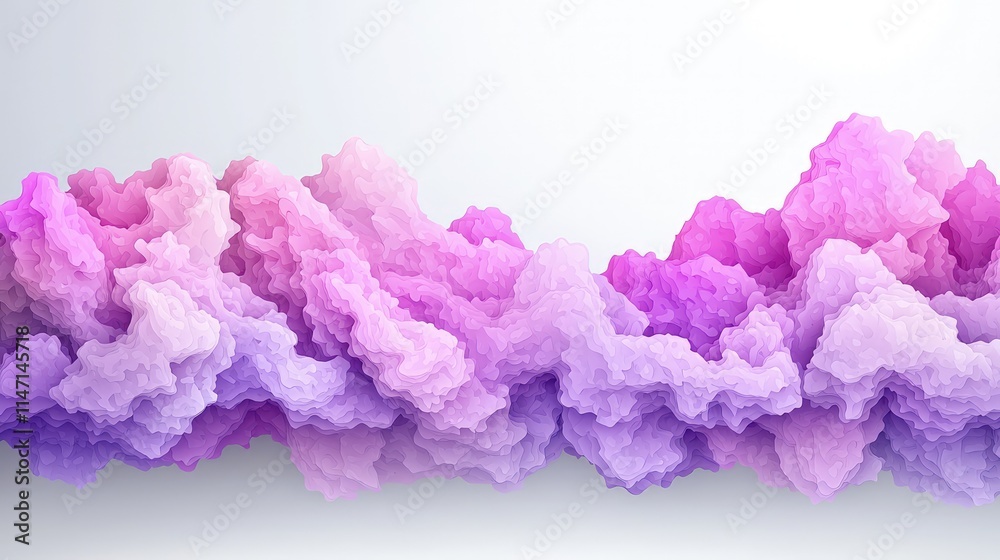Fototapeta premium Abstract 3D render of a fluffy purple and pink cloud formation floating horizontally against a clean white background.