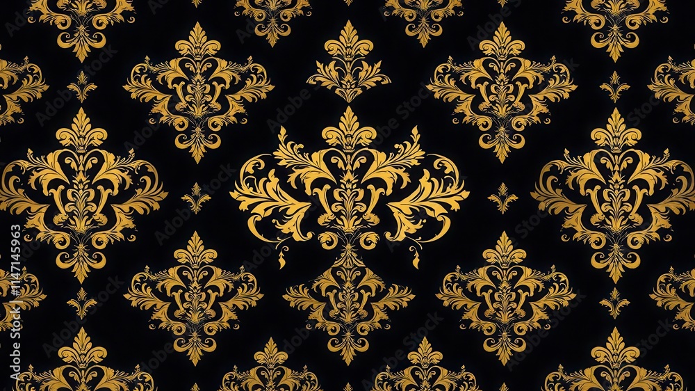 Elegant and intricate damask seamless pattern in shades of gold and black, elegant, seamless Elegant and intricate damask seamless pattern in shades of gold and black, elegant, seamless