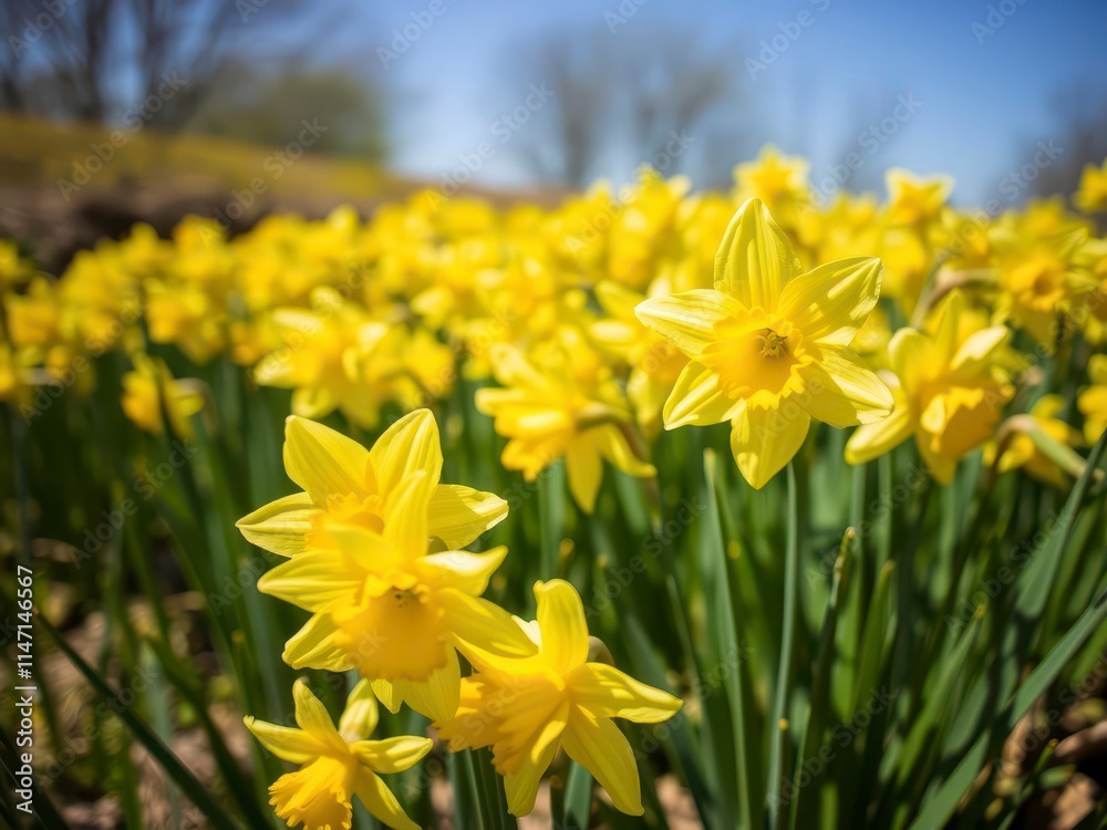 Field of vibrant yellow daffodil flowers blooming under the bright sun, sunny, fresh, yellow Field of vibrant yellow daffodil flowers blooming under the bright sun, sunny, fresh, yellow